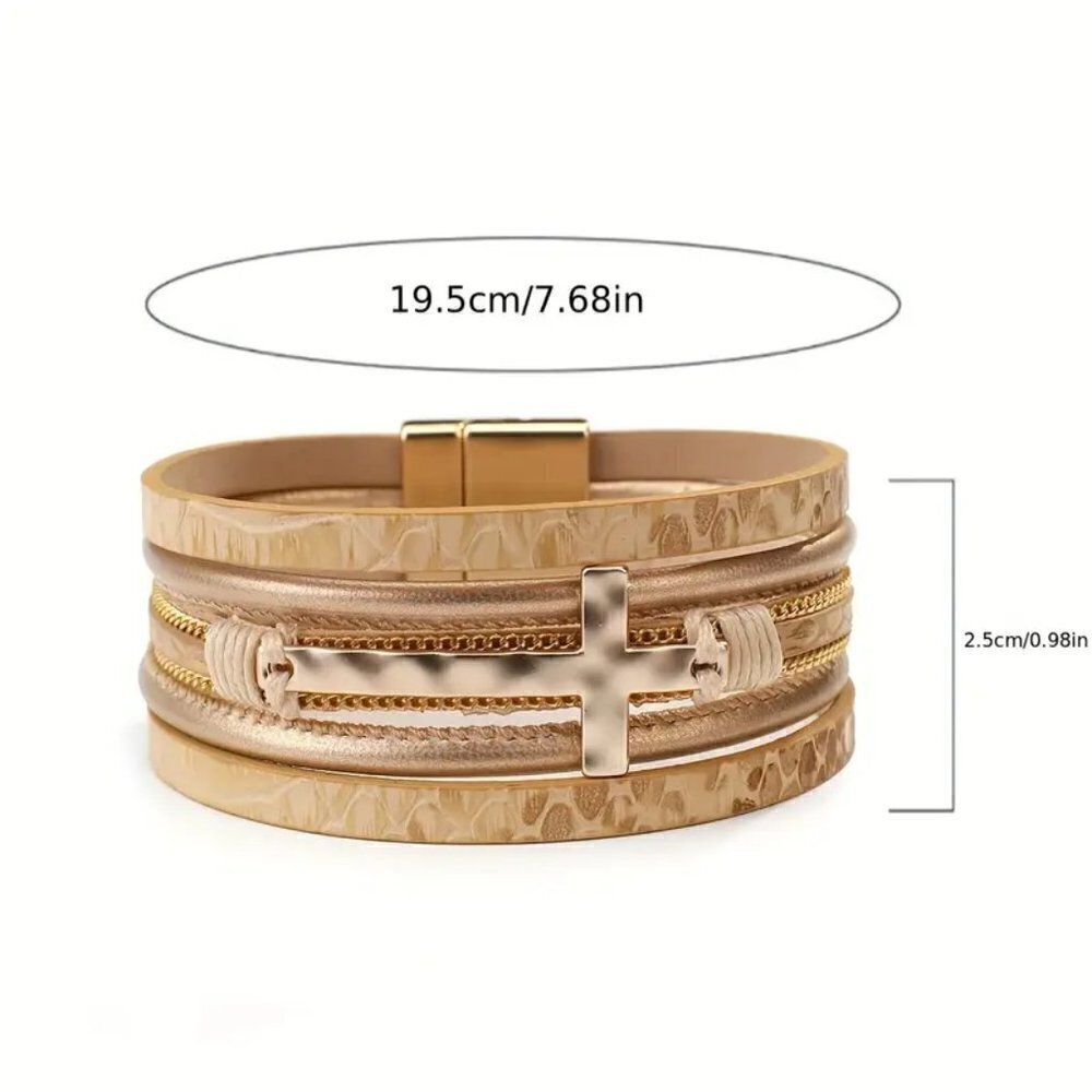 Bohemian Gold Tone Multi-Layer Bracelet Magnetic Clasp Cross Charm Religious - Picture 3 of 12